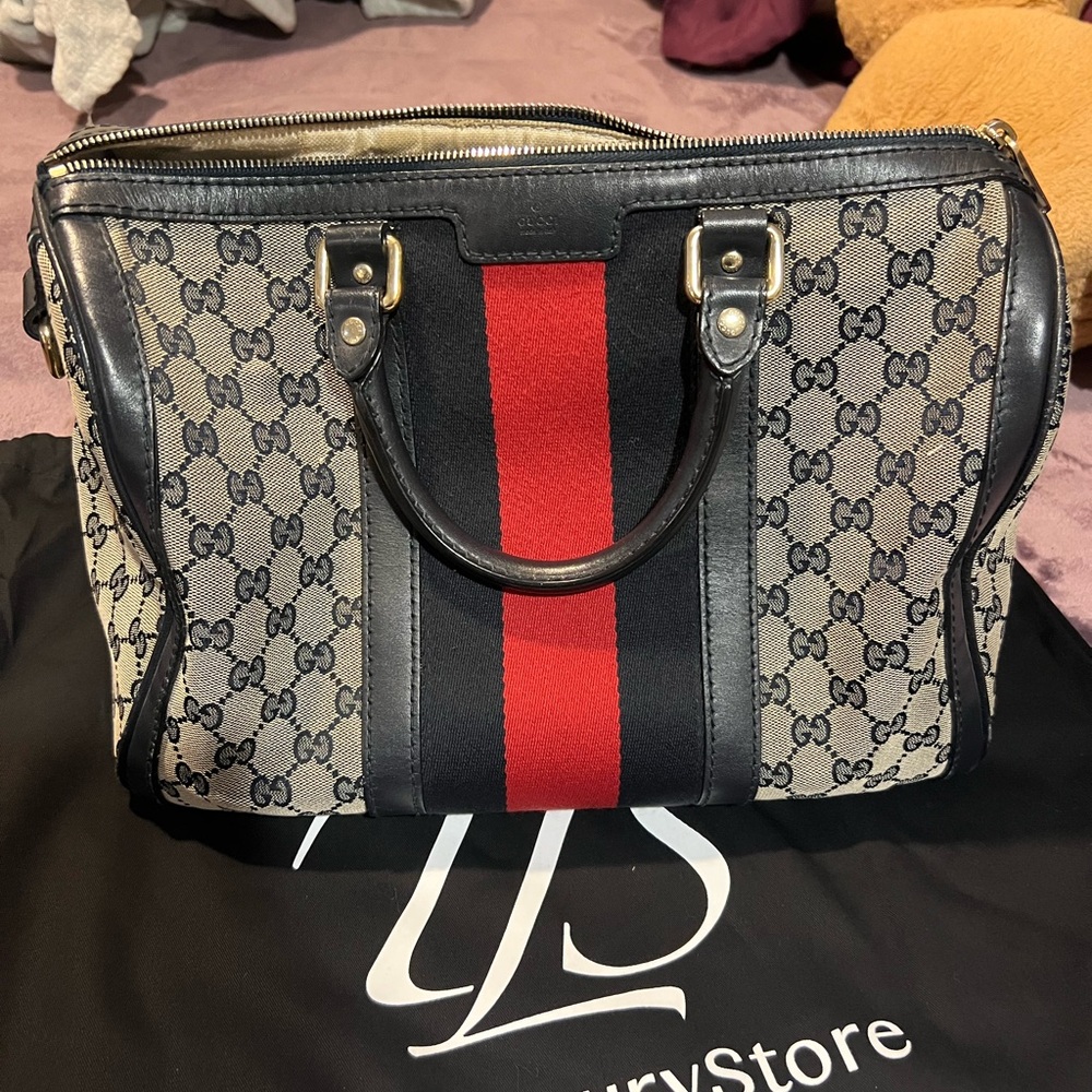 Gucci Beige and Black Monogram Handbag